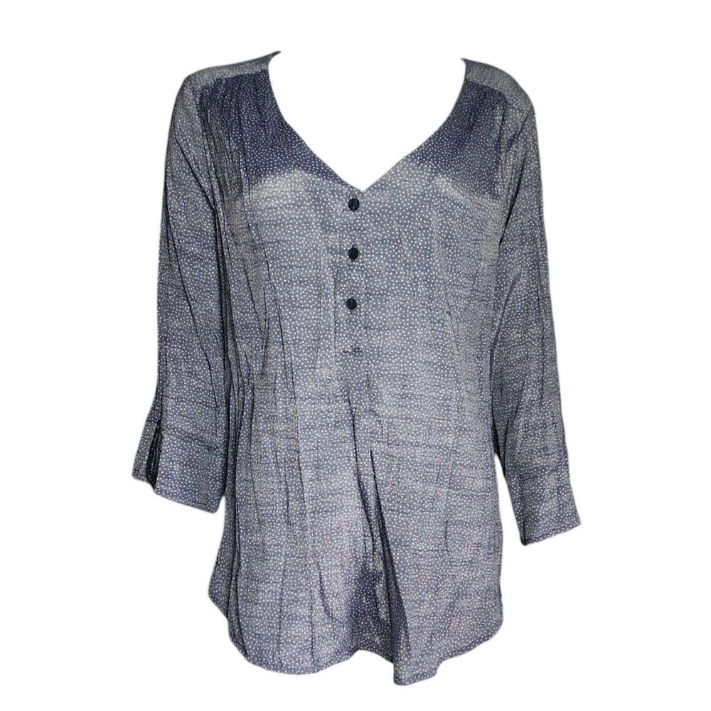 Como Blu Top Womens Plus Size 1X Blue White Dots 3/4 Sleeve‎ V Neck